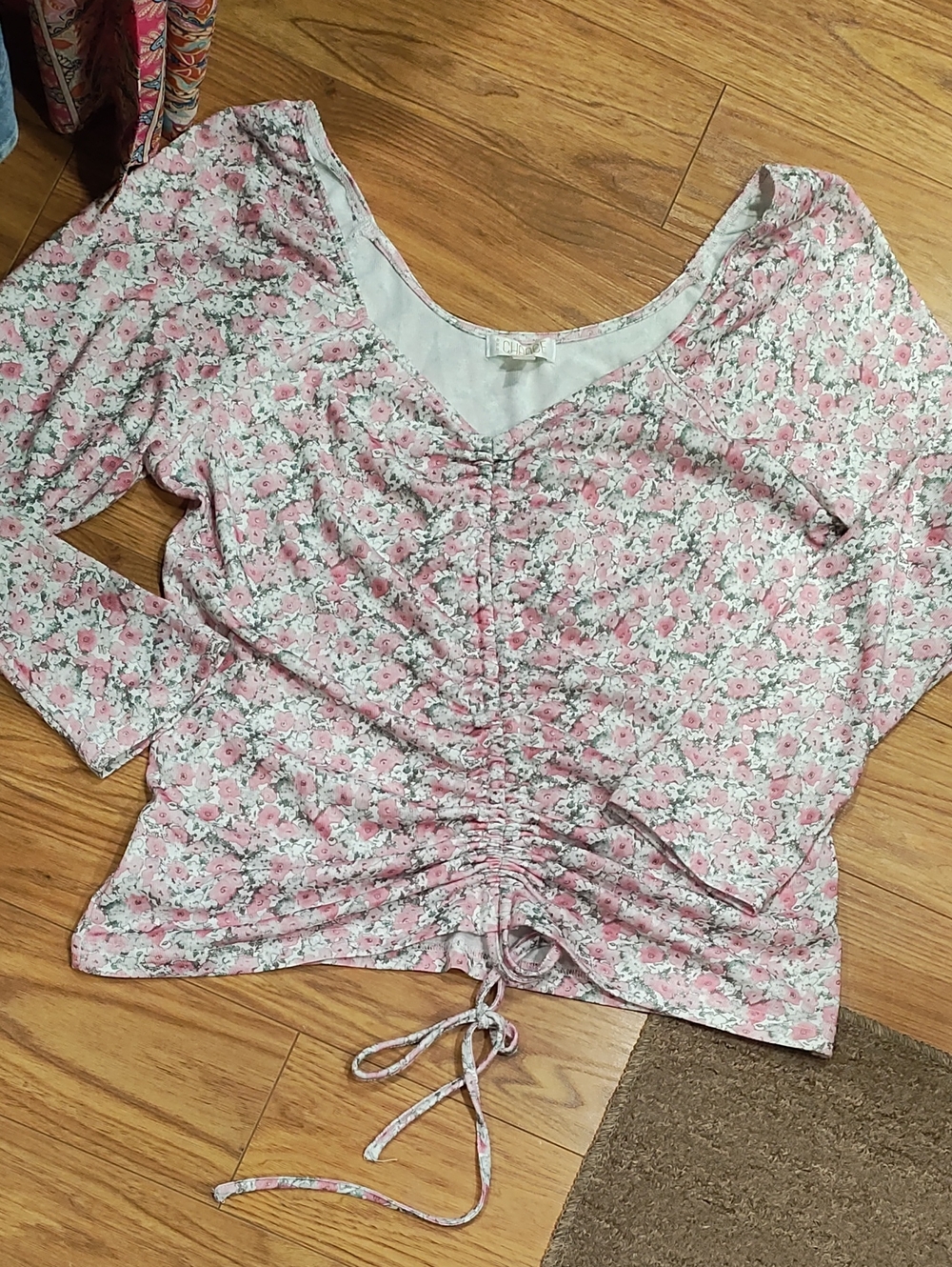 Floral Pink Ruched Drawstring Crop Top